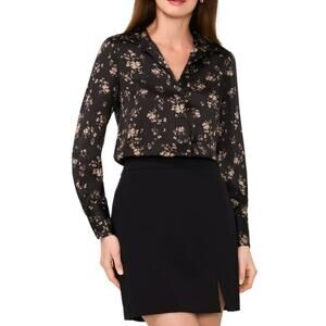 Halogen Women's Long Sleeve Satin Button Up Shirt Black Floral Blouse Top 3X